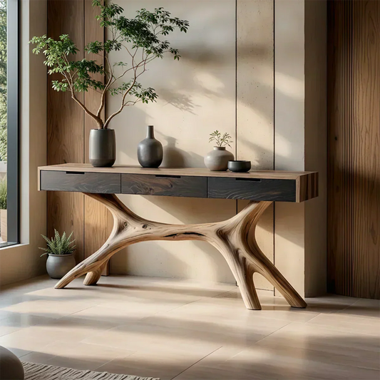 Solid Wood Console Table with Sculptural Branch-Form Base & Drawers - Woodenecho