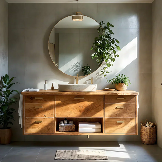 Solid Wood Double Floating Vanity with Stone Basin - Elitegemse