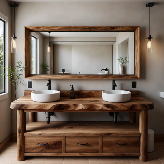 Solid Wood Double Sink Rustic Bathroom Vanity With Live Edge - Elitegemse