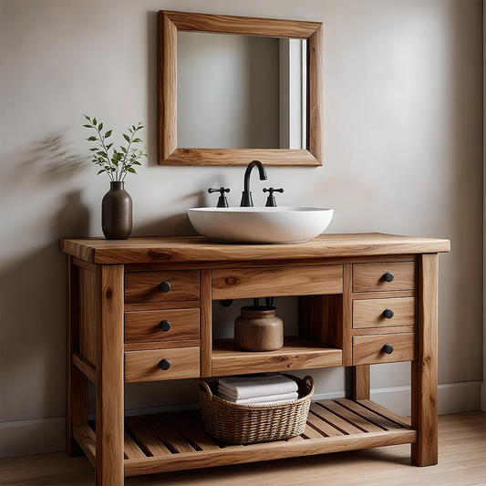 Solid Wood Farmhouse Bathroom Vanity with Drawers & Open Shelf - Elitegemse