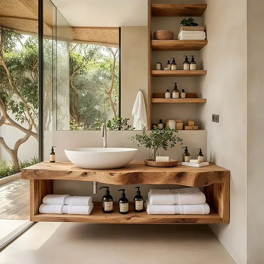 Solid Wood Floating Vanity with Shelf – Japandi Natural Spa Bathroom Console - Elitegemse