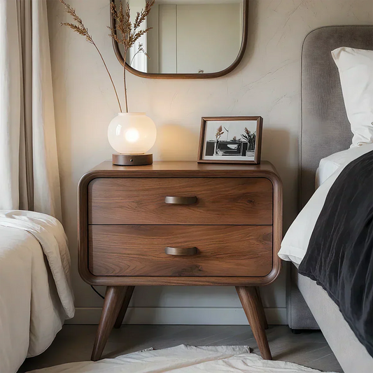 Solid Wood Mid-Century Nightstand with Two Drawers - Woodenecho