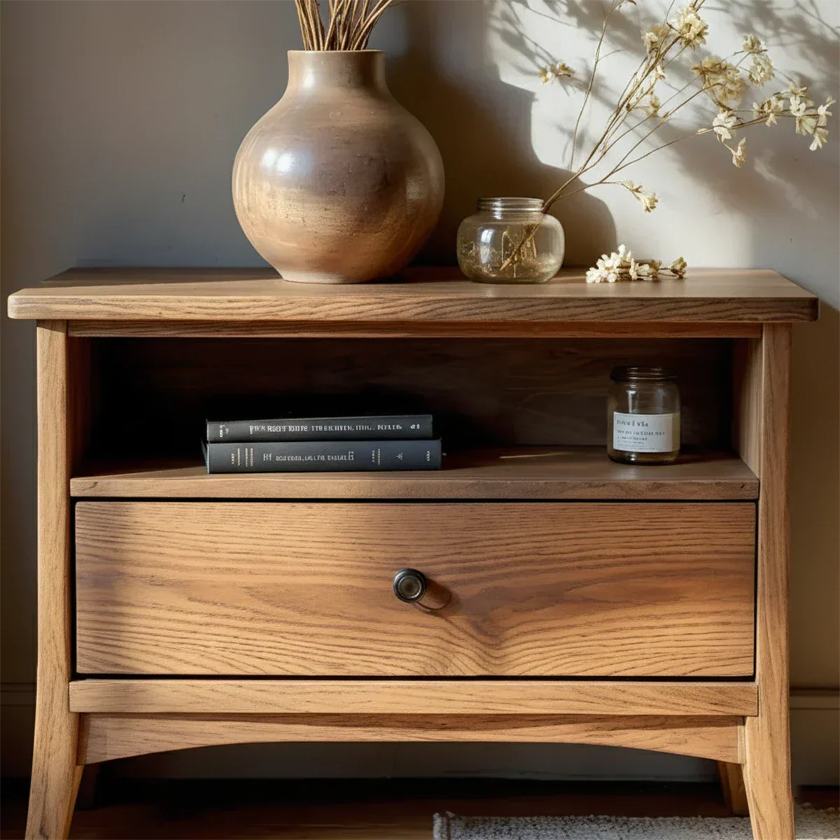 Solid Wood Minimalist Nightstand – Single Drawer & Open Shelf - Rustirawood