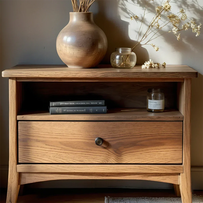 Solid Wood Minimalist Nightstand – Single Drawer & Open Shelf - Rustirawood