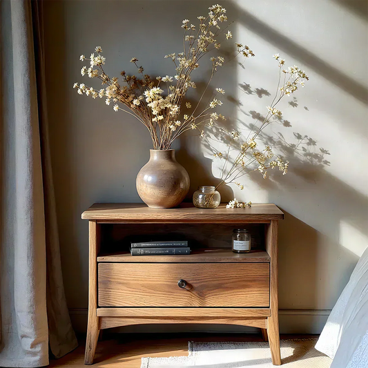 Solid Wood Minimalist Nightstand – Single Drawer & Open Shelf - Woodenecho