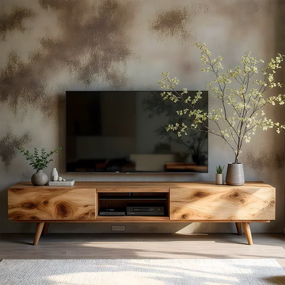 Solid Wood Modern TV Stand – Natural Finish Media Console - Elitegemse