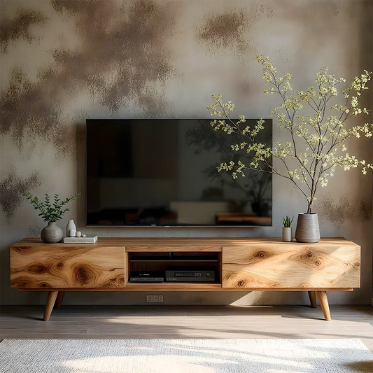 Solid Wood Modern TV Stand – Natural Finish Media Console - Elitegemse