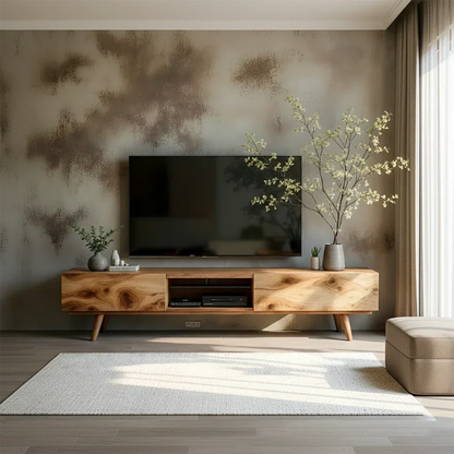Solid Wood Modern TV Stand – Natural Finish Media Console - Elitegemse