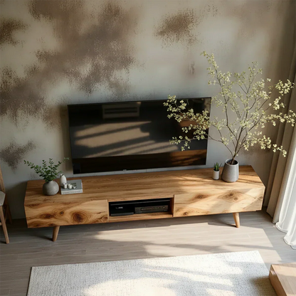 Solid Wood Modern TV Stand – Natural Finish Media Console - Elitegemse