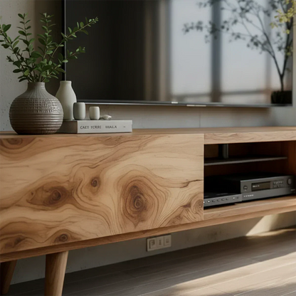 Solid Wood Modern TV Stand – Natural Finish Media Console - Elitegemse