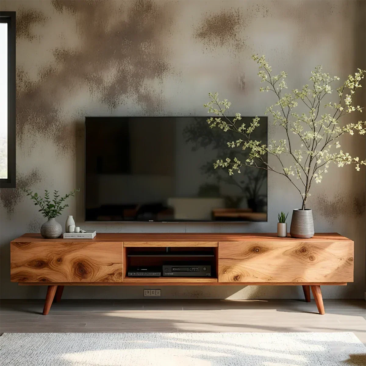 Solid Wood Modern TV Stand – Natural Finish Media Console - Elitegemse