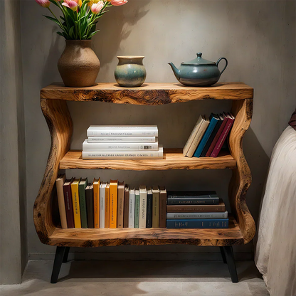 Solid Wood Nightstand – Curved Bookshelf Design - Rustirawood