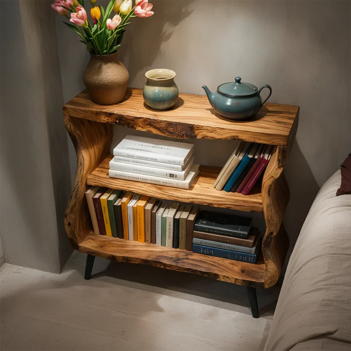 Solid Wood Nightstand – Curved Bookshelf Design - Rustirawood