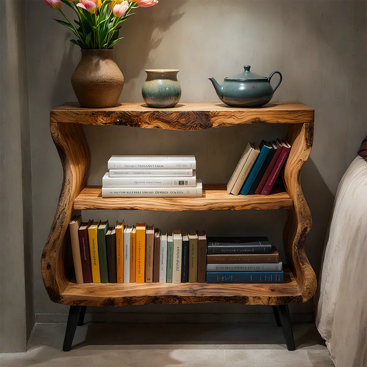 Solid Wood Nightstand – Curved Bookshelf Design - Woodenecho