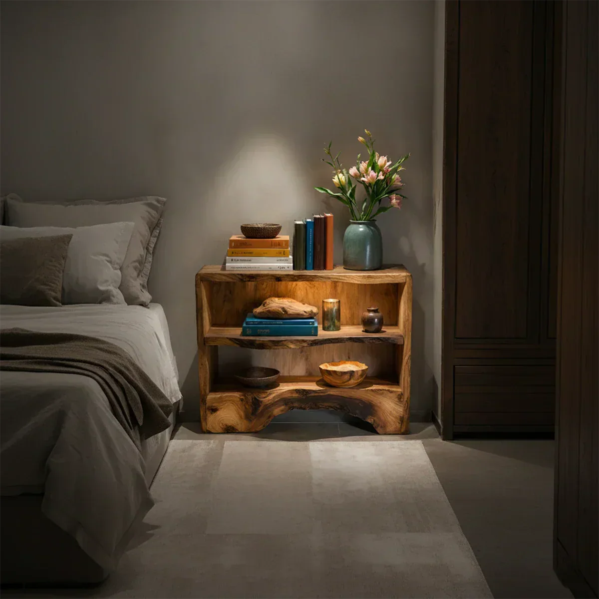 Solid Wood Nightstand – Natural Flow Design - Rustirawood