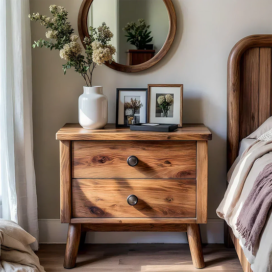 Solid Wood Scandinavian Nightstand – Two-Drawer Minimalist Design - Woodenecho