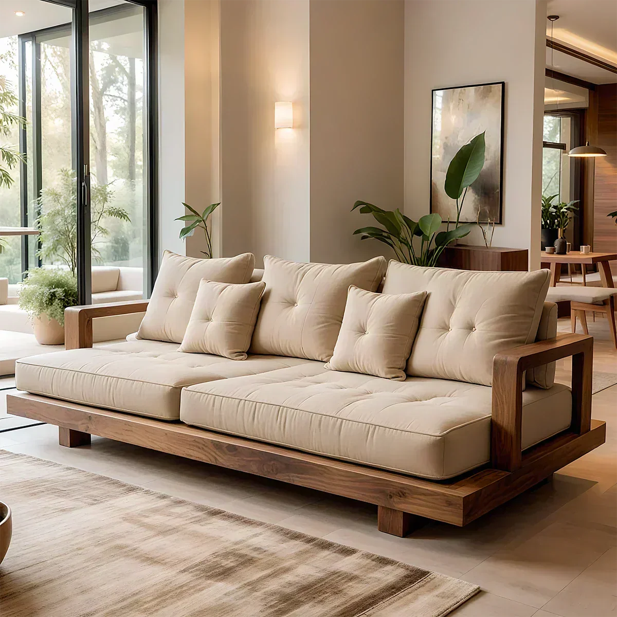 Solid Wood Sofa – Japandi Cotton Plush Serenity - Woodenecho