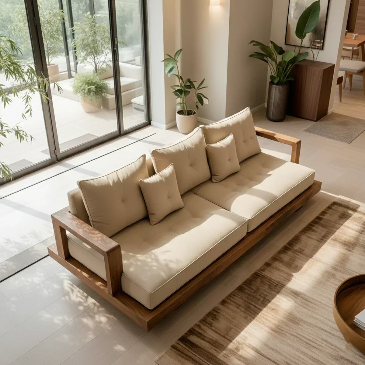 Solid Wood Sofa – Japandi Cotton Plush Serenity - Woodenecho