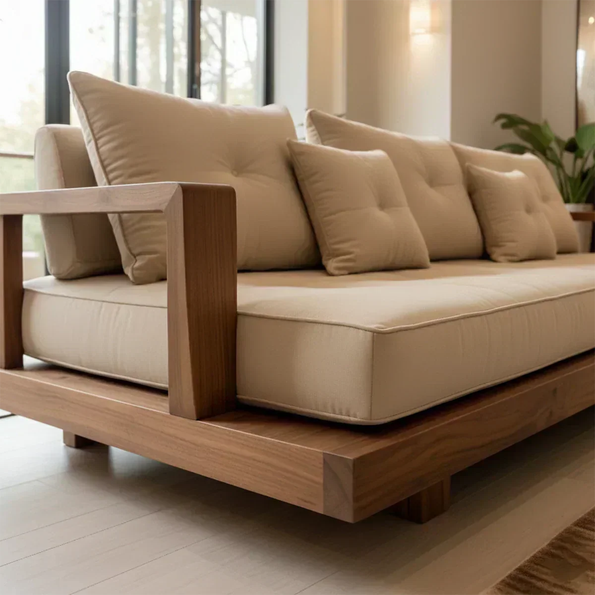 Solid Wood Sofa – Japandi Cotton Plush Serenity - Woodenecho