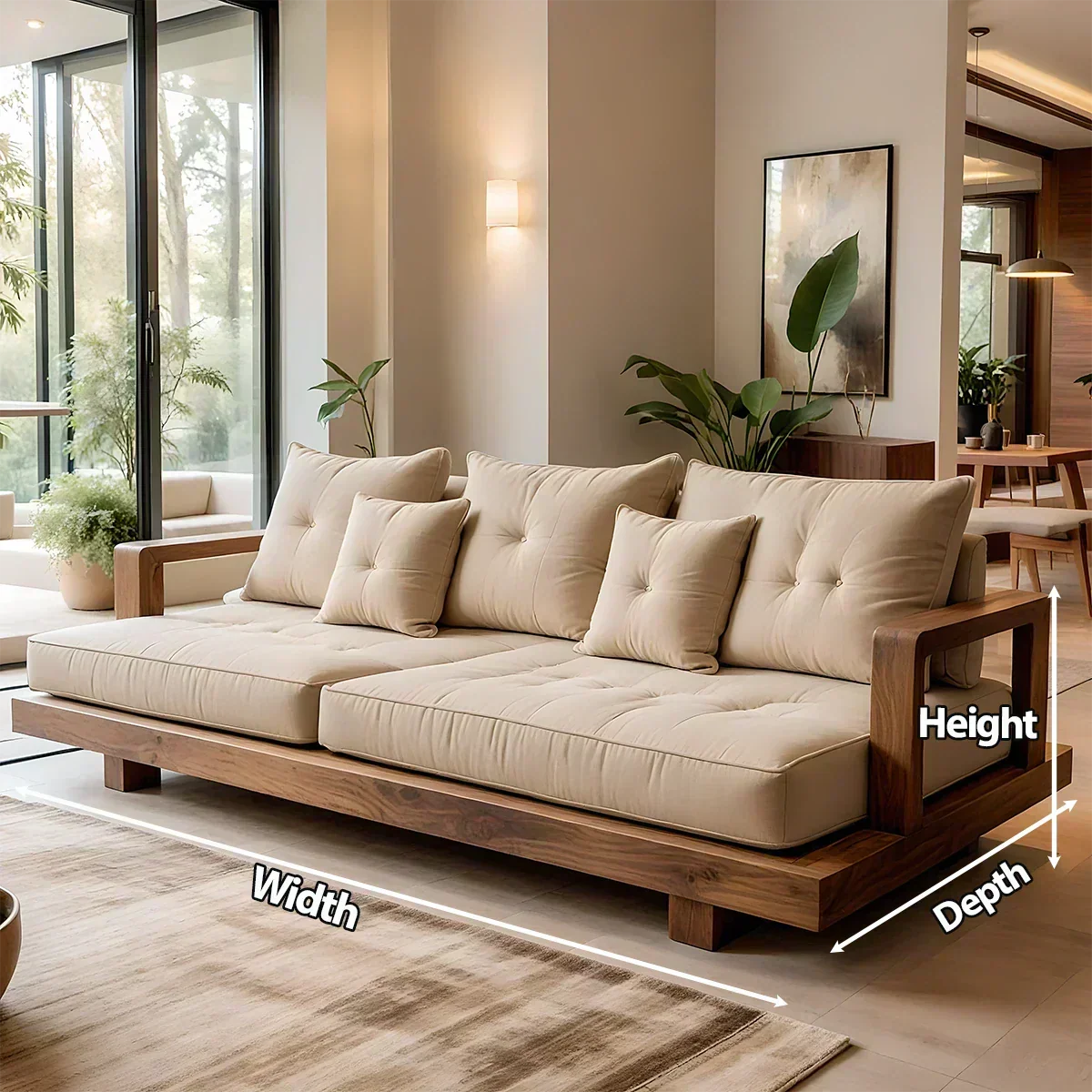 Solid Wood Sofa – Japandi Cotton Plush Serenity - Woodenecho