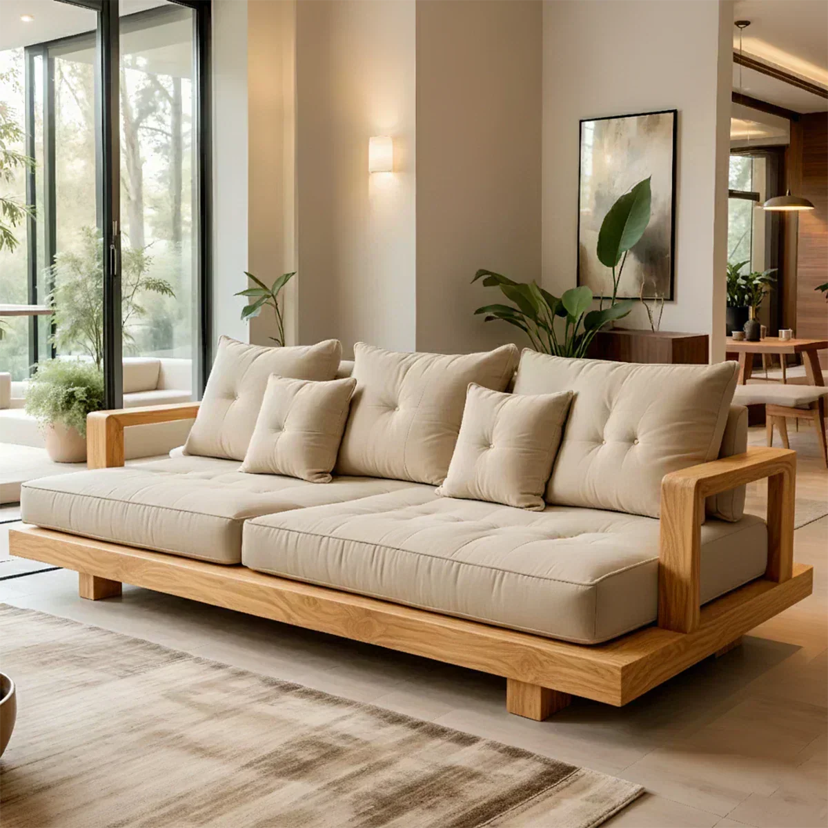 Solid Wood Sofa – Japandi Cotton Plush Serenity - Woodenecho
