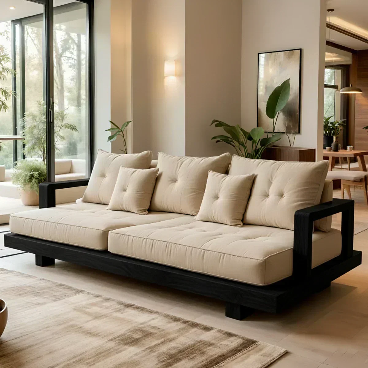 Solid Wood Sofa – Japandi Cotton Plush Serenity - Woodenecho