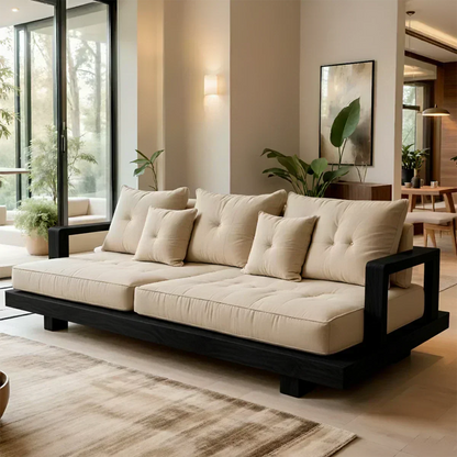 Solid Wood Sofa – Japandi Cotton Plush Serenity - Woodenecho