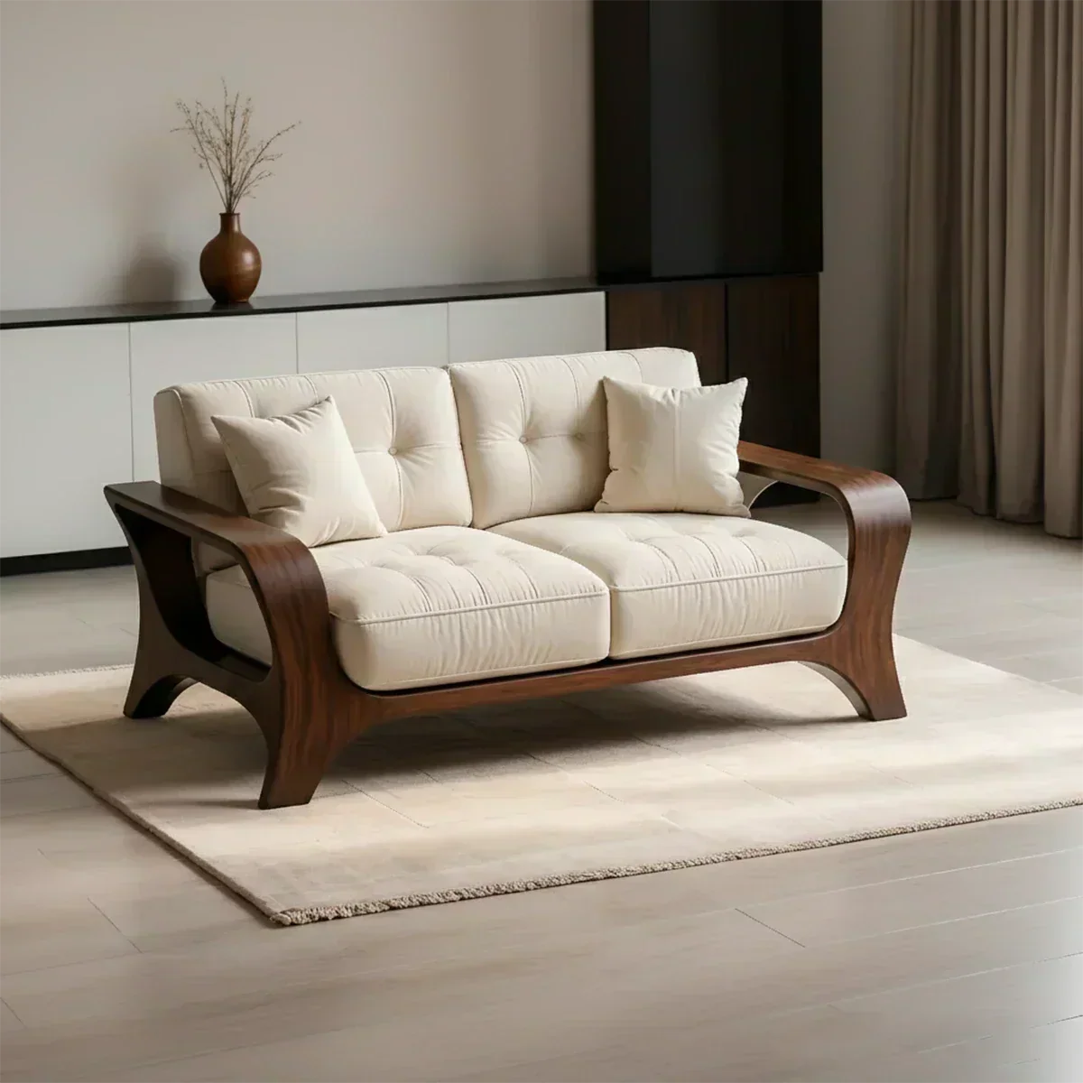 Solid Wood Sofa – Mid Century Curved Elegance Reborn - Woodenecho