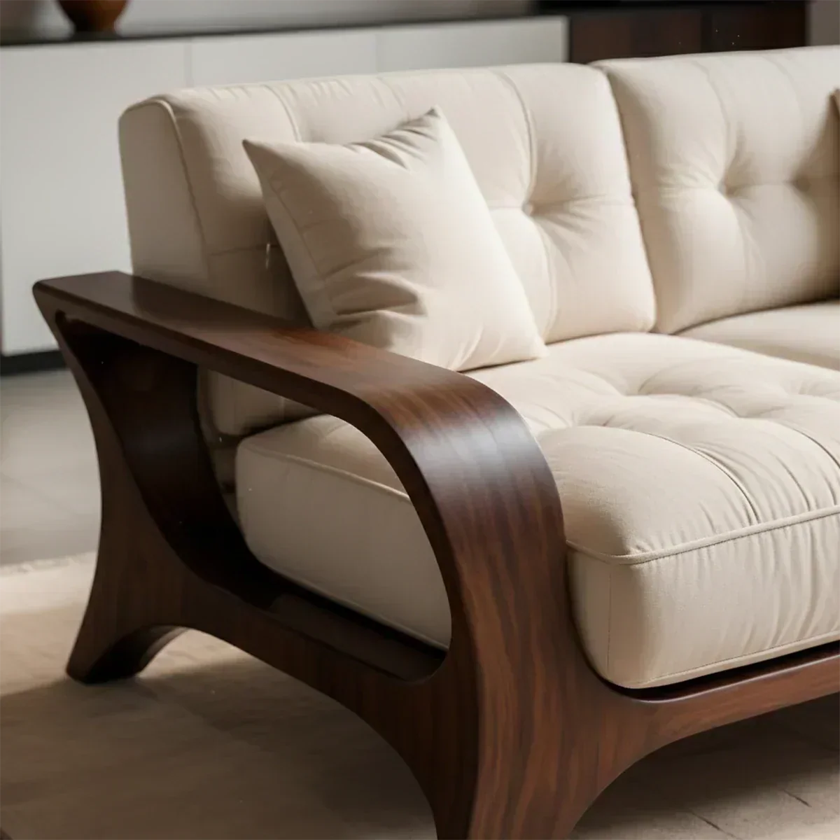 Solid Wood Sofa – Mid Century Curved Elegance Reborn - Woodenecho