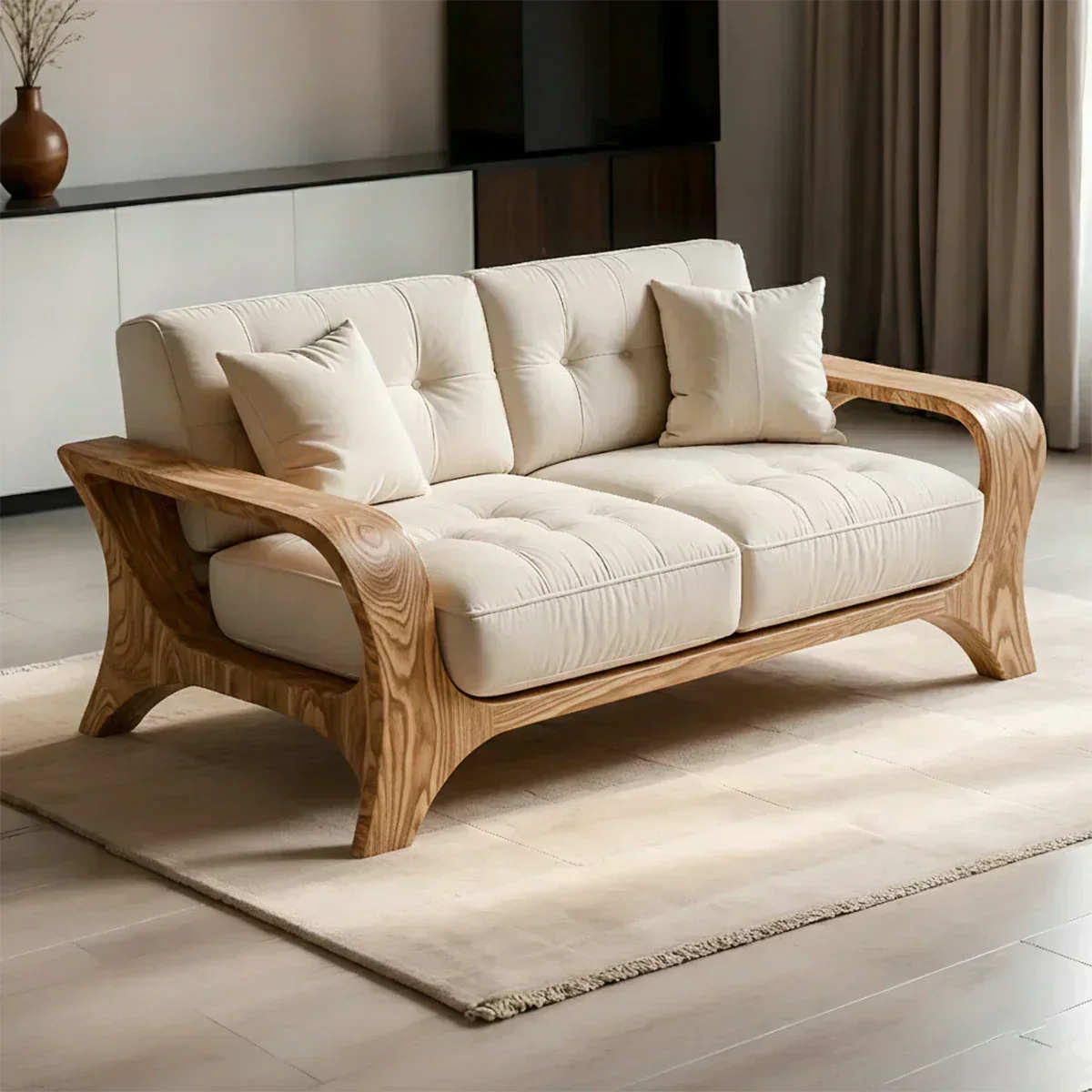 Solid Wood Sofa – Mid Century Curved Elegance Reborn - Woodenecho