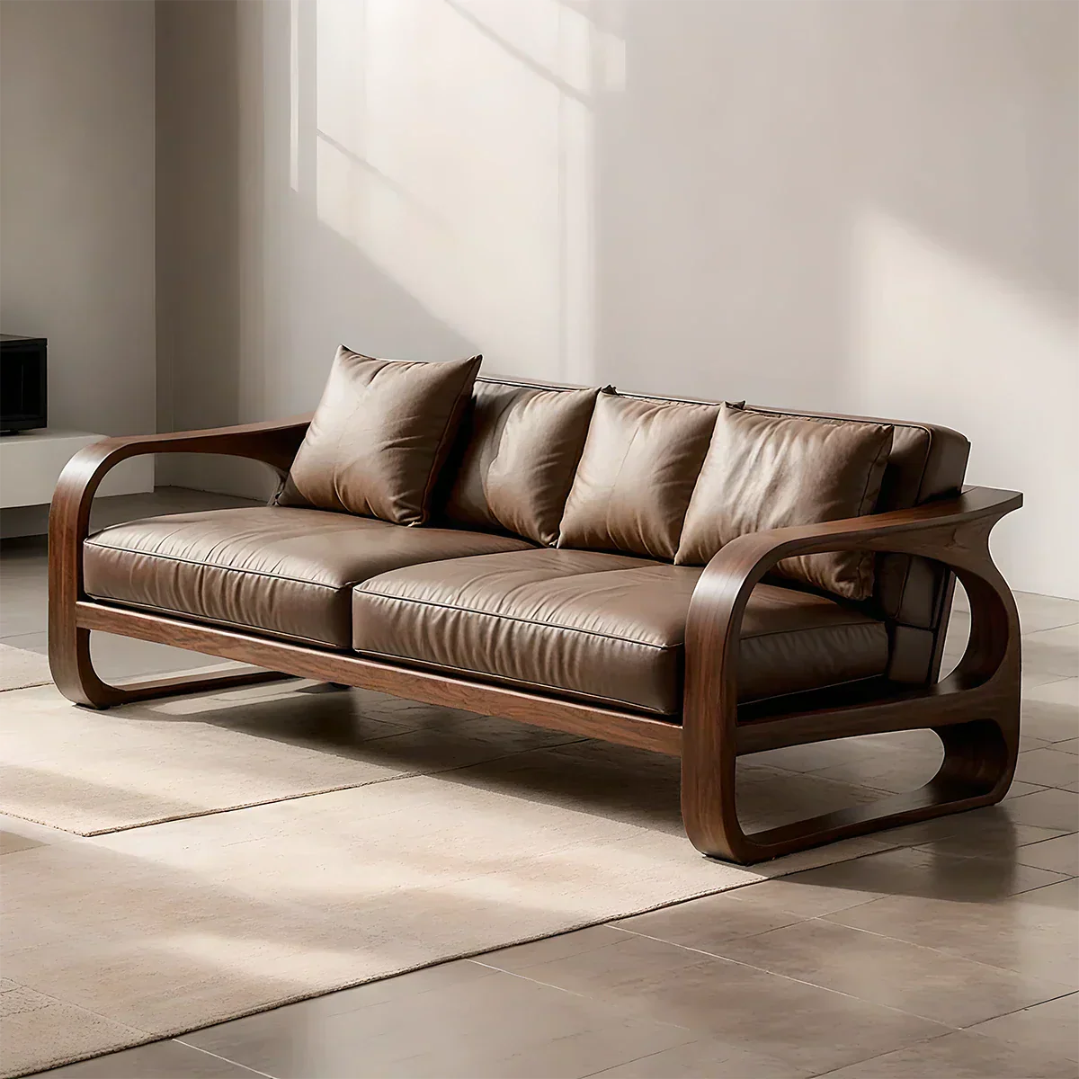Solid Wood Sofa – Modern Leather Elegance - Elitegemse