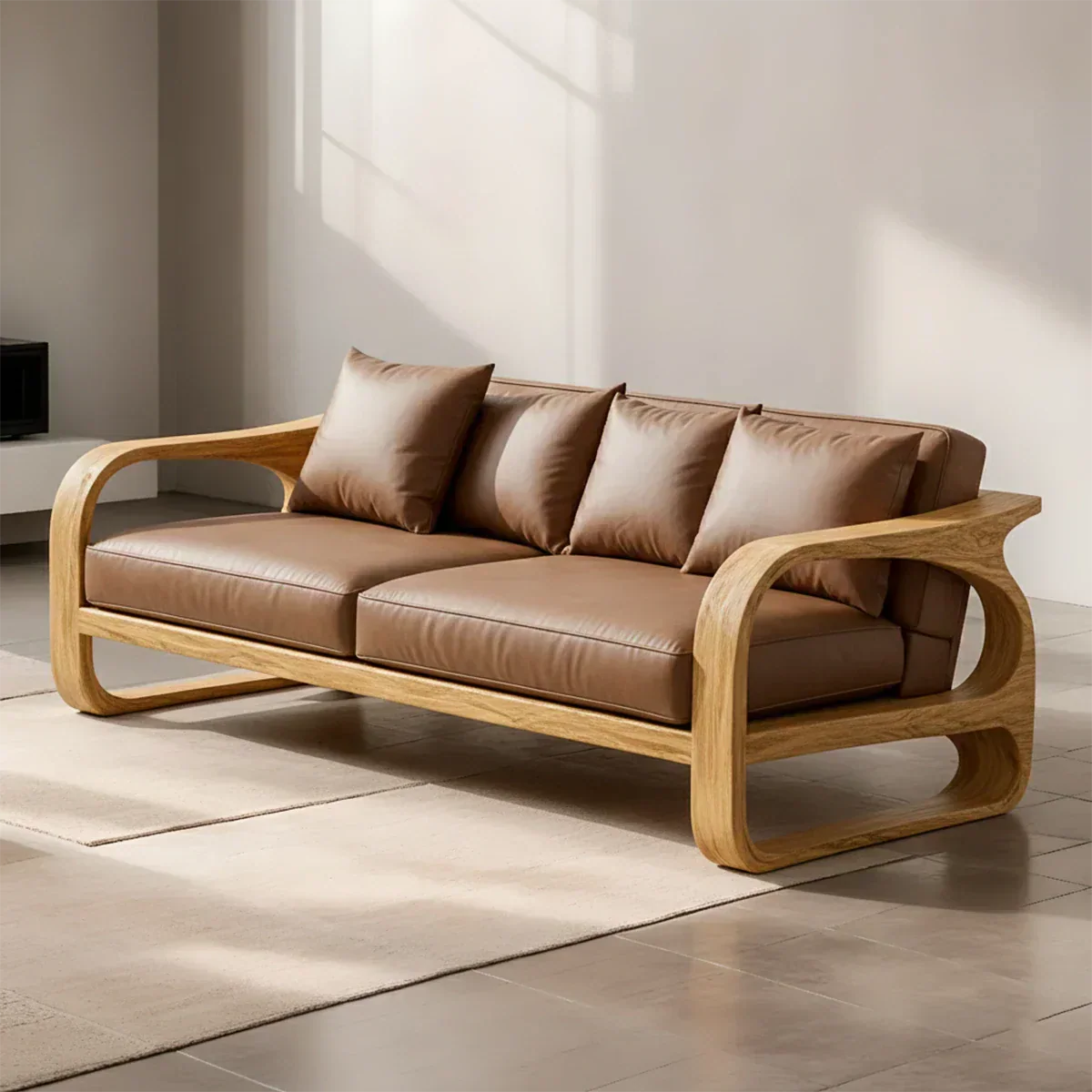 Solid Wood Sofa – Modern Leather Elegance - Elitegemse