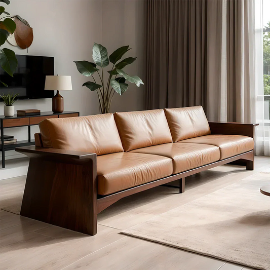 Solid Wood Sofa – Modern Warm Leather Harmony - Elitegemse
