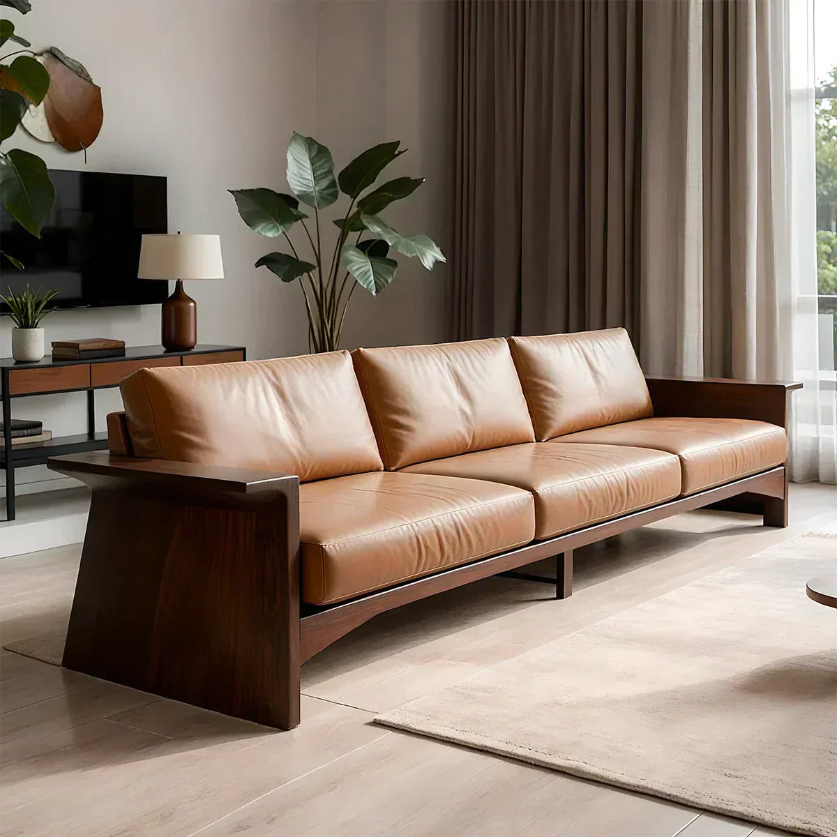 Solid Wood Sofa – Modern Warm Leather Harmony - Woodenecho