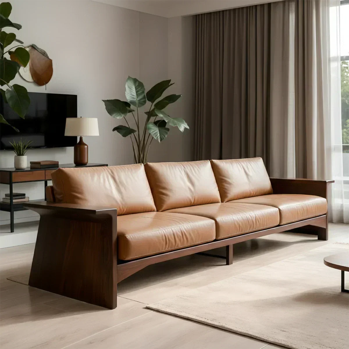 Solid Wood Sofa – Modern Warm Leather Harmony - Woodenecho