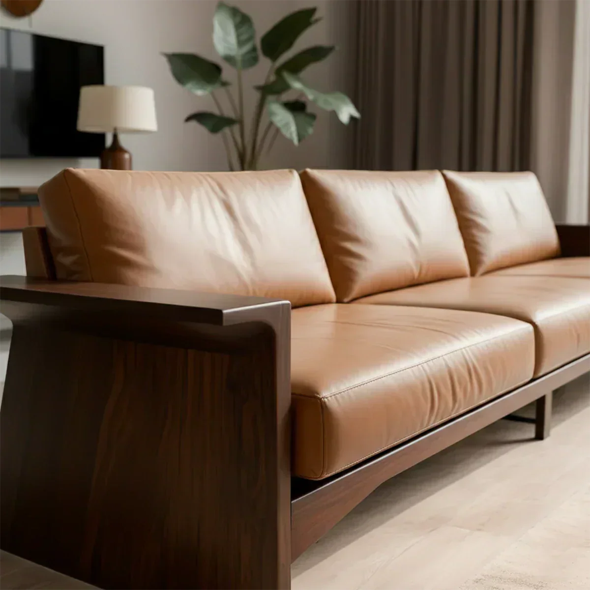 Solid Wood Sofa – Modern Warm Leather Harmony - Woodenecho