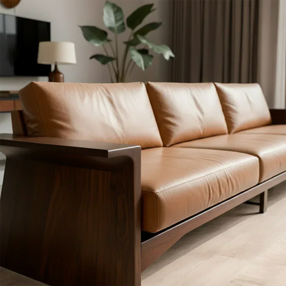 Solid Wood Sofa – Modern Warm Leather Harmony - Woodenecho