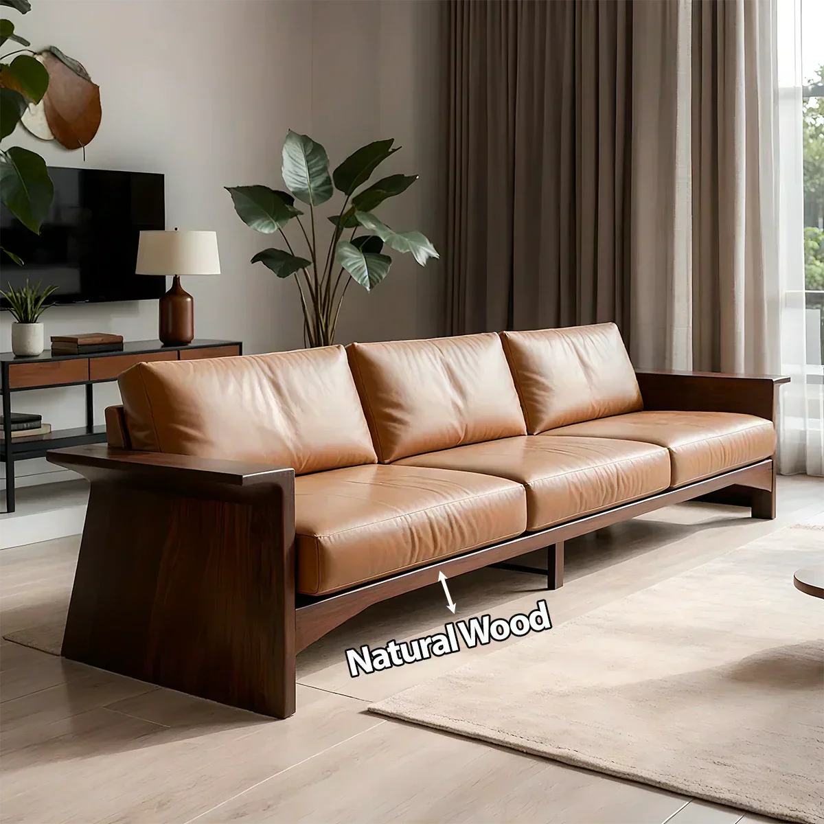 Solid Wood Sofa – Modern Warm Leather Harmony - Woodenecho