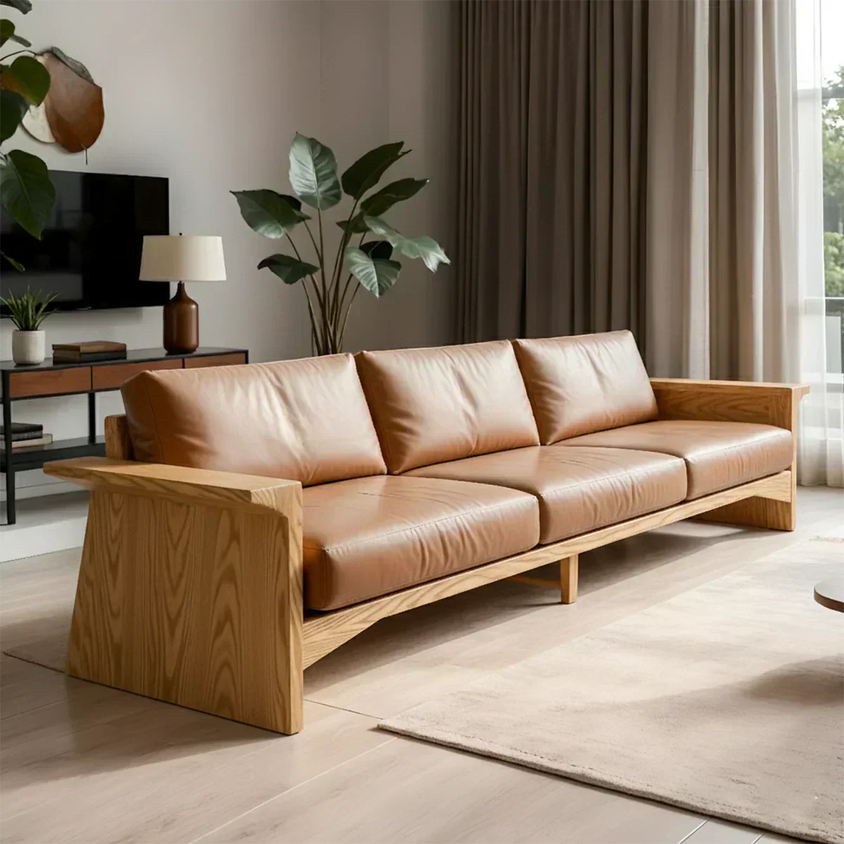 Solid Wood Sofa – Modern Warm Leather Harmony - Woodenecho
