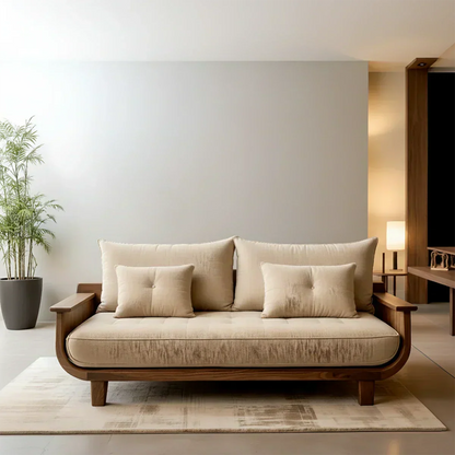 Solid Wood Sofa – Scandinavian Cotton Harmony - Woodenecho