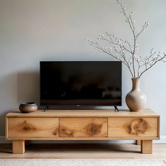 Solid Wood TV Stand – Minimalist Wabi Sabi Media Console with Natural Finish - Elitegemse