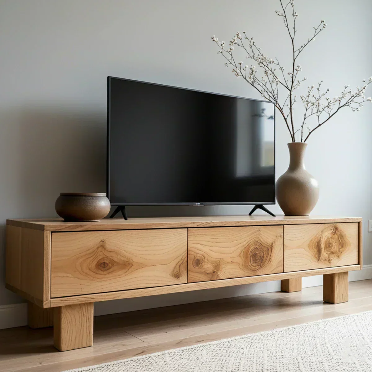 Solid Wood TV Stand – Minimalist Wabi Sabi Media Console with Natural Finish - Woodenecho