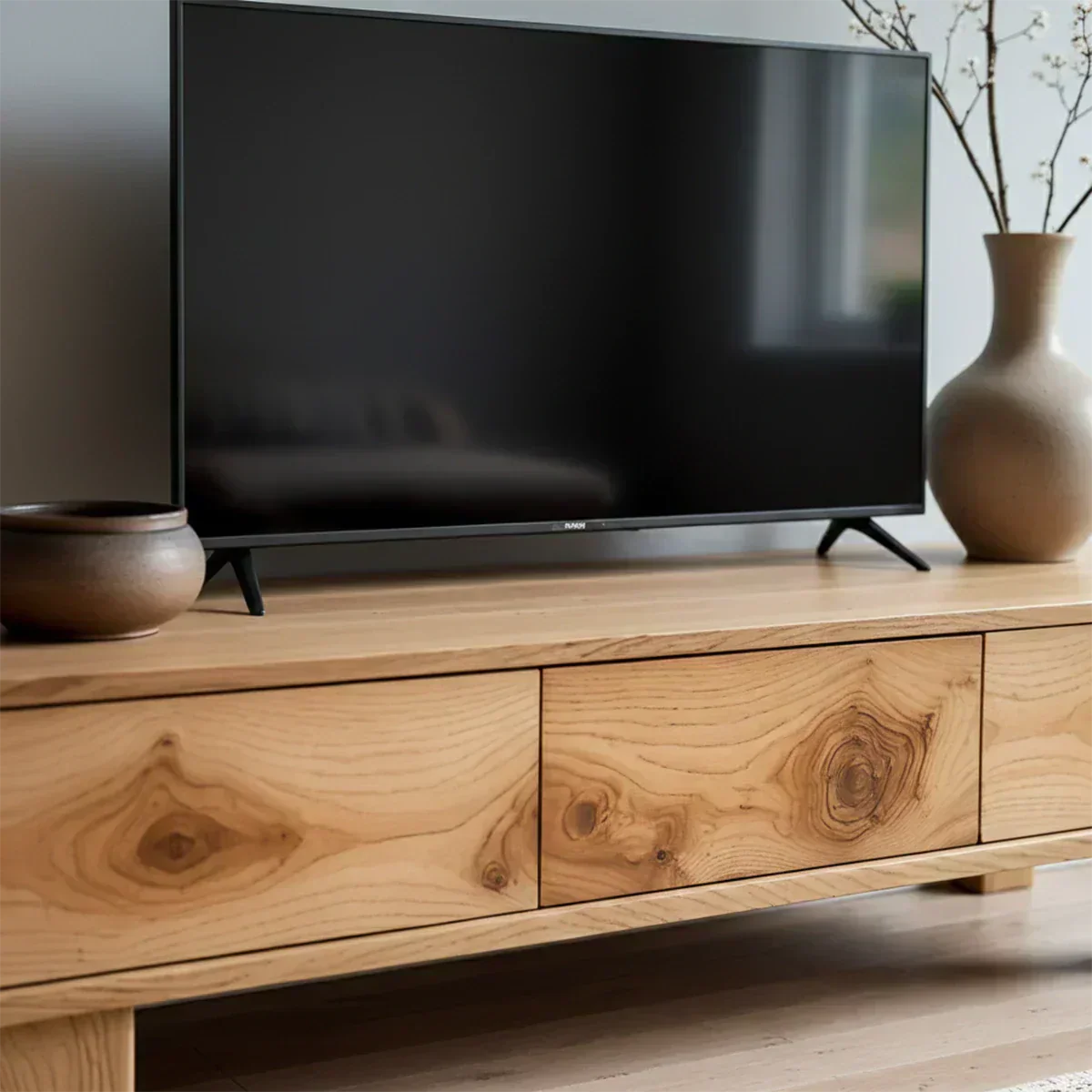Solid Wood TV Stand – Minimalist Wabi Sabi Media Console with Natural Finish - Woodenecho