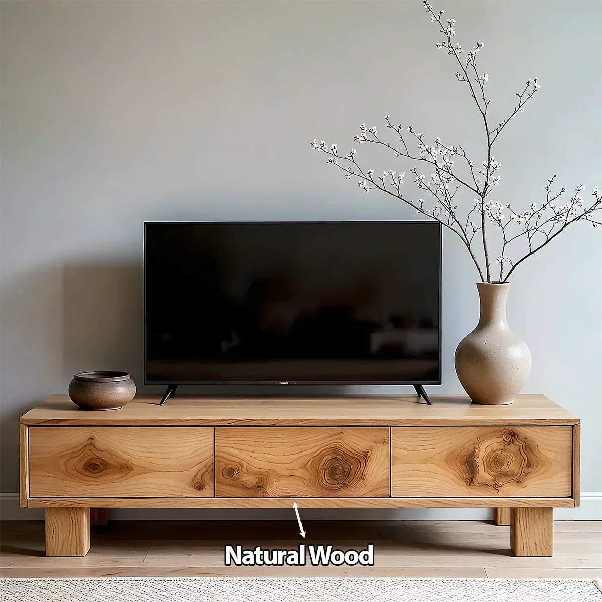 Solid Wood TV Stand – Minimalist Wabi Sabi Media Console with Natural Finish - Woodenecho