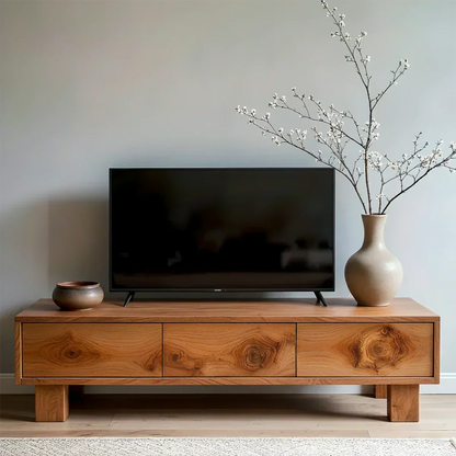 Solid Wood TV Stand – Minimalist Wabi Sabi Media Console with Natural Finish - Woodenecho