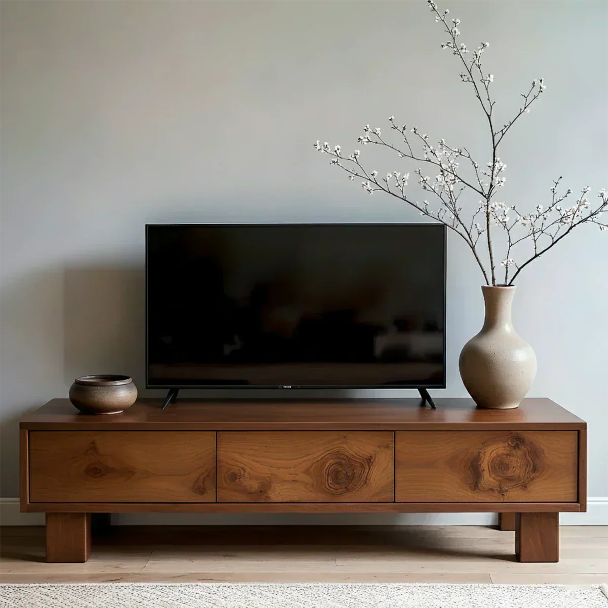 Solid Wood TV Stand – Minimalist Wabi Sabi Media Console with Natural Finish - Woodenecho