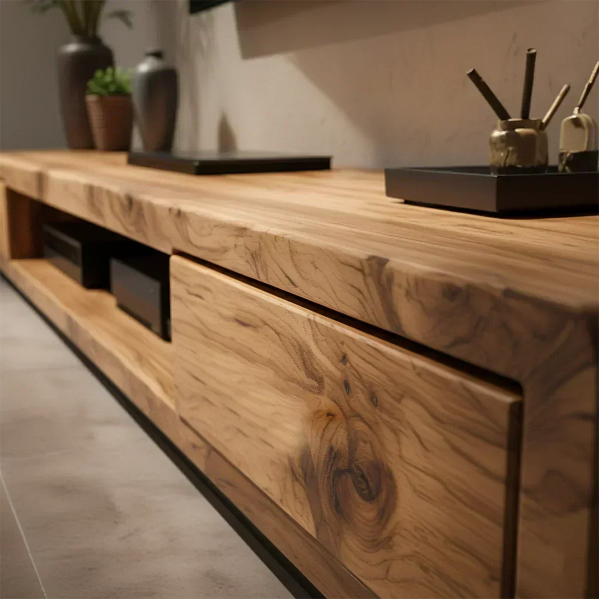 Solid Wood TV Stand – Modern Architectural Block Design - Woodenecho