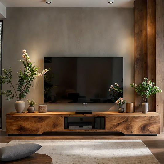Solid Wood TV Stand – Modern Wabi Sabi Media Console - Elitegemse