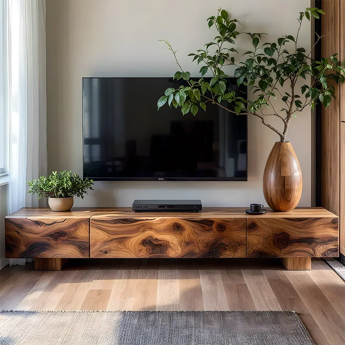 Solid Wood TV Stand – Natural Finish Wabi Sabi Media Console with Deep Grain Texture - Elitegemse