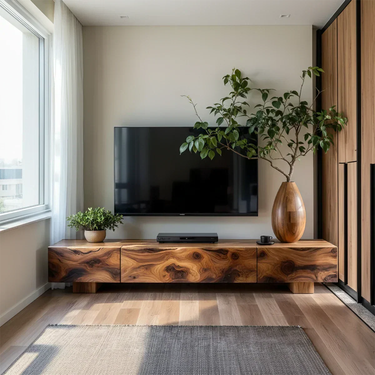 Solid Wood TV Stand – Natural Finish Wabi Sabi Media Console with Deep Grain Texture - Elitegemse